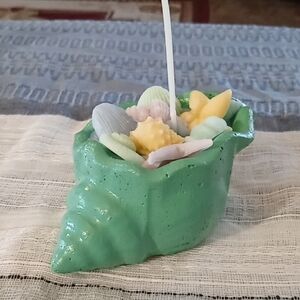 Green Seashell Candle Holder with Pastel Accents